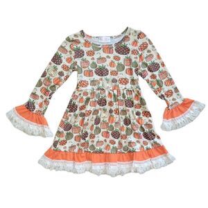 Girls Fall Pumpkin Thanksgiving Halloween Longsleeve Dress with Fringe Ruffle 3T